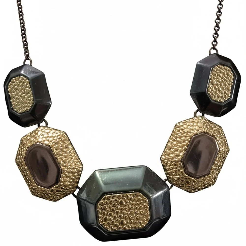 Black Octagon & Hammered Silver Necklace | Geometric Statement - Picture 8 of 8